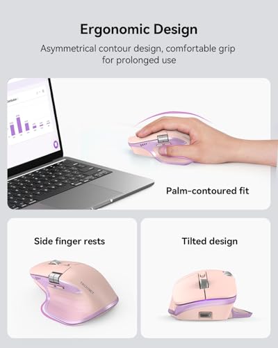 TECKNET Wireless Mouse, Bluetooth Mouse (BT5.3/5.0 & 2.4G) Rechargeable Ergonomic Optical Mouse with 6 Adjustable DPI, Side Scroll, Quiet Clicks, USB A Receiver, 7 Buttons, Wide Compatibility - color: Pink & Purple