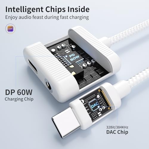 USB C to 3.5mm Audio Adapter and Charger 2 in 1 USB C to Aux Headphone Dongle with 60W PD Fast Charging Compatible with iPhone 16/16 Pro/15/15 Pro Max, Galaxy S24/S23/S22/S23FE, Pixel 8/7, iPad Pro