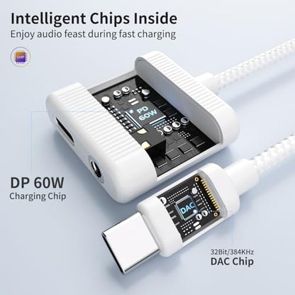 USB C to 3.5mm Audio Adapter and Charger 2 in 1 USB C to Aux Headphone Dongle with 60W PD Fast Charging Compatible with iPhone 16/16 Pro/15/15 Pro Max, Galaxy S24/S23/S22/S23FE, Pixel 8/7, iPad Pro