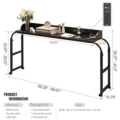 HWB Over Bed Desk with LED Light, Wheels & Charging Station, Black | Auto-sensor 3 Color LED light, Adjustable height, Smooth rolling wheels - color: Black