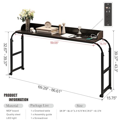 HWB Over Bed Desk with LED Light, Wheels & Charging Station, Black | Auto-sensor 3 Color LED light, Adjustable height, Smooth rolling wheels - color: Black