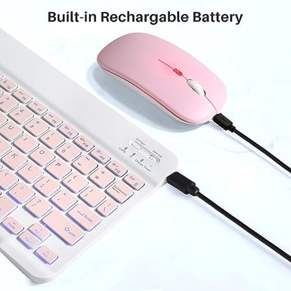 Bluetooth Keyboard and Mouse Combo for iPad - Rechargeable Wireless Keyboard & Mouse with 7-Color Backlit Compatible with iPad 9th/8th Gen, iPad Pro/Air/Mini, iPhone14/13/12 Pro,(10 inch Pink) - color: pink