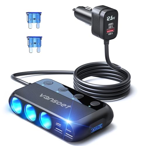 158W Cigarette Lighter Splitter 9 in 1 Car Cigarette Lighter with 3 Socket Multi Port Dual PD30W and 3 USB-A QC3.0, Cigarette Lighter Adapter for Car Truck, Ipad, Phone