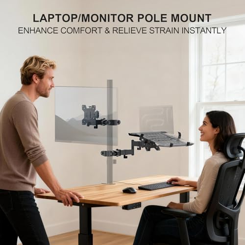 WALI Laptop Pole Mount, Adjustable Laptop Arm Holder Fits 10"-15.6" Laptops, 2-in-1 Full Motion Monitor Mount with Removable Tray, VESA 75x75 or 100x100 mm, Holds up to 15.4lbs(011ARMLPN), Black - size: Up to 15.4