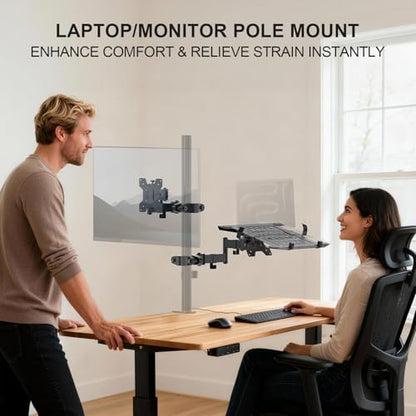 WALI Laptop Pole Mount, Adjustable Laptop Arm Holder Fits 10"-15.6" Laptops, 2-in-1 Full Motion Monitor Mount with Removable Tray, VESA 75x75 or 100x100 mm, Holds up to 15.4lbs(011ARMLPN), Black - size: Up to 15.4