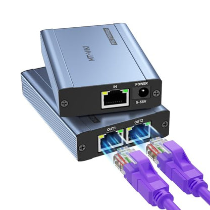 MT-VIKI Upgraded 1 to 2 1000Mbps Ethernet Splitter, No Power Supply Required, Dual RJ45 Splitter for Cat5e/6/7/8 Cable, Works with POE IP Camera, POE Switch and More - size: 1 to 2 POE