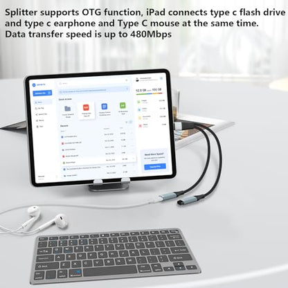 USB C to Dual USB Type C Female Splitter Cable Earphone Adapter Type C OTG Splitter with Data Transfer Compatible with iPad Pro, iPad Air 7/6/5, MacBook, iPhone 17/16/15, Galaxy S25/S24/S23, Pixel 9