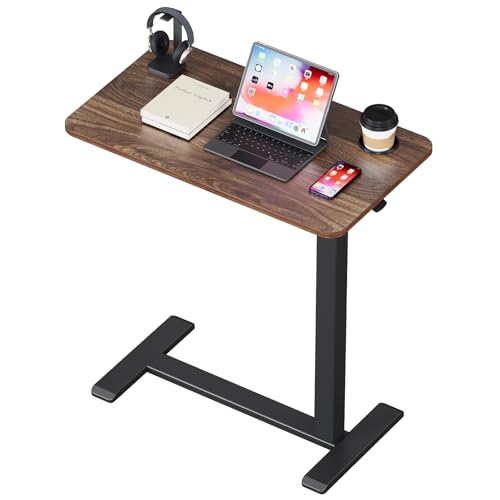 BIZUM Adjustable Hospital Bed Table on Wheels, Rolling Bedside Table Walnut | Adjustable height 29.7-43.3in, 27.6x15.8in surface, cup holder, 22lb capacity, pneumatic lift, 4 swivel wheels - color: Walnut