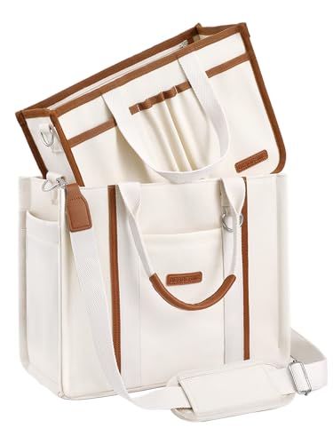 BESBESME Women’s Canvas Tote Bag with Zipper and Compartments – Multi-Pocket Laptop Work Crossbody Shoulder Tote Purse - color: Beige, size: Medium, style: Detachable Organizer