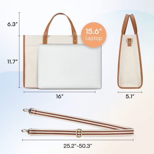 Missnine Laptop Tote Bag Canvas Laptop Bag 15.6 inch Work Shoulder Bags Casual Briefcase Handbag for Travel, Office, College - color: Brown+beige