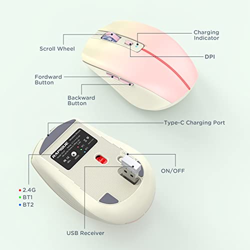 RAPIQUE Bluetooth Wireless Mouse, Rechargeable Multi-Device Computer Mice (Tri-Mode: BT1/BT2+2.4Ghz) with USB Receiver, Ergonomic Portable Mouse for Laptop, MacBook, PC, iMac, iPad(Khaki to Pink) - color: Gradient Khaki to Pink