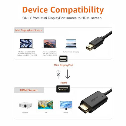 Amazon Basics Mini DisplayPort to HDMI Cable for MacBook Air/Pro, 1080p, Gold-Plated Plugs, 6 Foot, Black - size: 6-Feet