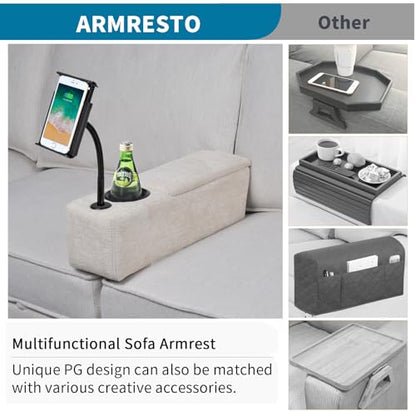 Multifunctional Sofa Armrest, Couch Armrest with Wireless Charge Stand, Removable Couch Caddy with Storage,Including LED Reading Light - color: Almond, size: Fabric-1 CUP