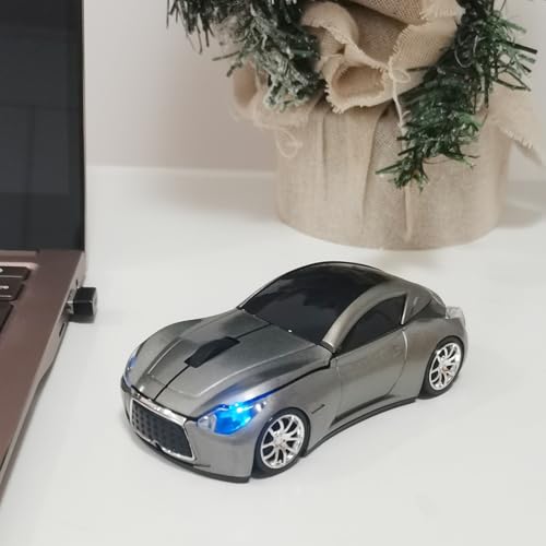 Car Mouse for Computer, Wireless Car Shaped Mice for Laptop, PC, Mini Cute Mouse with 2.4Ghz USB Receiver, 3D, 1600DPI, Silent Clicks, LED Headlights (Grey) - color: Y-Grey