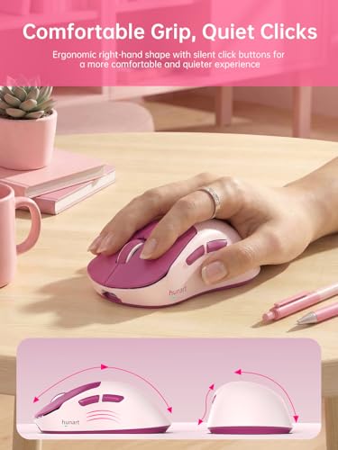 hunart H6 49g Wireless Mouse, Bluetooth & 2.4GHz, Rechargeable, Berry Pink | Silent Clicks, USB-C Charging, Two Ways to Connect, Lightweight Right-Hand Ergonomic Comfort, For Laptop, MacBook, Office PC - color: Berry Pink