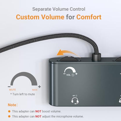 3.5mm Dual Headset Adapter with Volume Control, 1/8" to 2 TRRS Microphone Connector, Double Headphones Audio Splitter for 2 People Meeting, Recording, Online Training, Music Sharing