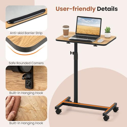 GIANTEX Overbed Table with Wheel, Medical Adjustable Bedside Table Natural | Mobile Standing Desk, Portable Laptop Table for Small Spaces, Bed Trays Table for Eating Home and Hospital - color: Natural