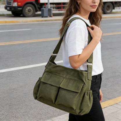 VODIU Canvas Messenger Bag Large Hobo Crossbody bags for Women,Men, Shoulder Tote Handbags with Laptop pocket - color: Army Green-1
