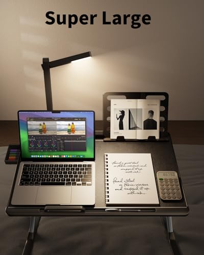 Laptop Bed Tray Desk with LED Desk Light, SAIJI Laptop Stand for Bed | XX-Large PVC Leather Foldable Table with Book Stand,Wrist Rest, Extra Leg Room(Black) - color: Black