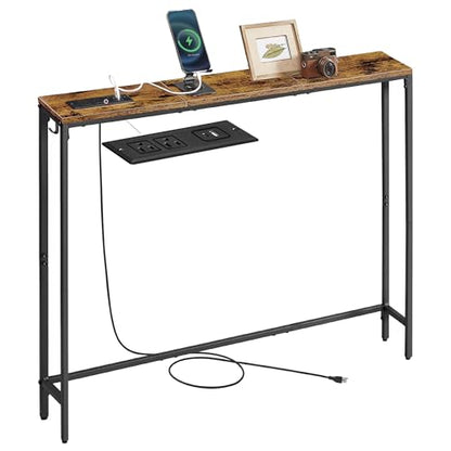 VASAGLE 39.4" Console Table, Narrow Behind Couch Table with Outlet | Sofa Table with 1 Hook, for Entryway, Living Room, Easy Assembly, Rustic Brown and Ink Black, BARNET Collection ULNT079K01 - color: Rustic Brown + Ink Black, size: 1 Tier (5.9"D x 39.4"W