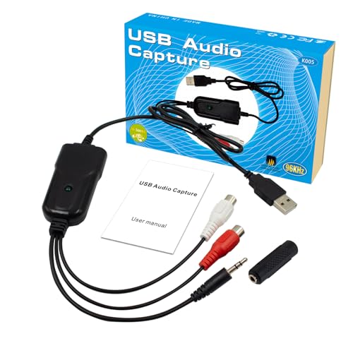 Wiistar USB2.0 Audio Capture Card RCA L/R+3.5mm Audio to USB up to 96kHz | Support Wave/MP3 for Tape MD CD Player Phono Laptop