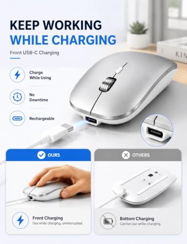 SABLUTE M31 Bluetooth Mouse for MacBook Pro/Air, iPad - Rechargeable Tri-Mode Wireless Mouse for 3 Devices (BT 5.2 + 2.4G), Sleek Silver Slim Silent Mouse for Surface, Windows - color: Sliver