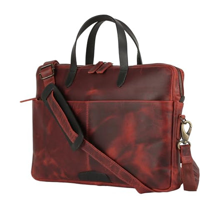 KomalC Leather Laptop Sleeve 15.5" with Trolley Strap, Fits up to 16" Laptop, Slim Office Bag with Shoulder Strap - color: Red