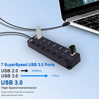 7-Port USB 3.0 Hub Multi Functional 1 to 4 Splitter 5Gbps Data Transfer USB 3.0 Extender with Individual LED Power Switches, for Laptop,PC,Flash Drive,HDD (USB HUB 7 Ports)