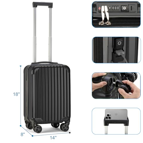 Personal Item Small Suitcase 18x14x8 Inches Hardside Built In TSA Lock & USB Port Lightweight Luggage With Removable Silent Wheels Underseat Carry-On Bag For Spirit and Frontier (Black) - color: Black