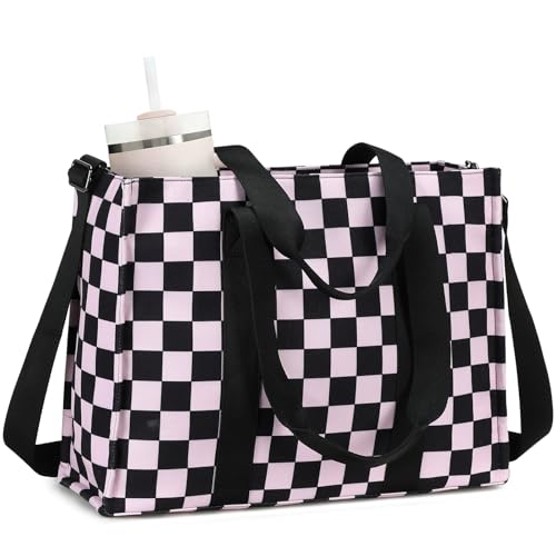 BTOOP Work Tote Bag for Women, Laptop Tote Bag With 15.6 Inch Padded Compartment, Teacher Nurse Bible Bags - color: Blck-pink Checkered