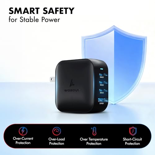 100W GaN Charger, Wozoyo 3XType-C & USB-A Superfast 2.0 Charging, Compatible for iPhone 17/16/16 Pro Max/15 Series/iPad Pro, Smartphones, Tablets and More, PD/PPS/QC 3.0,Compact Foldable Plug