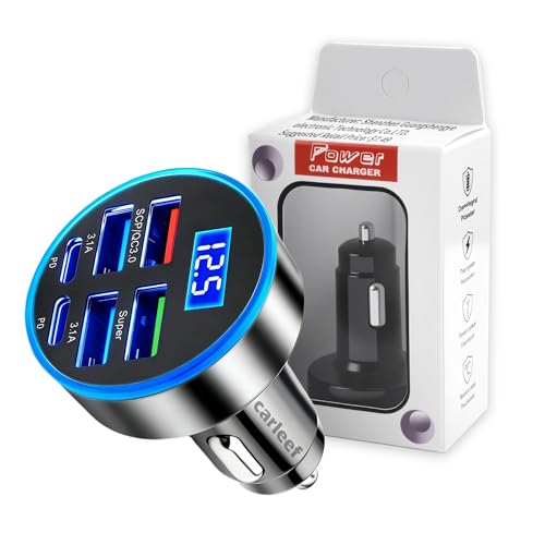 6 Port Fast USB Car Charger (PD+QC3.0),Cigarette Lighter USB Charger with LED Digital Display,Universal Car Charger Adapter Car Accessories Interior for Most 12V/24V Vehicles