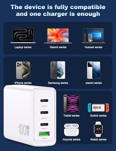 100W USB C Charger GaN 4 Port Type C Charging Station Hub Block Wall Charger Power Strip Adapter Plu Compatible with MacBook Pro/Air iPad iPhone16/15/14/13 Pro Max Dell XPS Pixel Note Galaxy