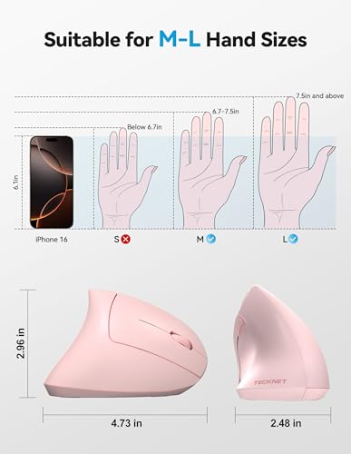 TECKNET Ergonomic Mouse, Rechargeable 2.4G+Bluetooth Vertical Mice 6 DPI Adjustable, Wireless Optical Carpal Tunnel Mouse Right Hand, Multi Device for Laptop, PC, Computer, MacBook, iPad - Pink - color: Pink