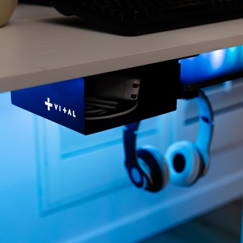 VI+AL Under Desk Laptop Mount - Hidden Metal Shelf with Side Storage, Hook & Cable Organizer - Installs with Tape & Screws - Fits Devices up to 1.7" Thick - Deluxe + LED (USB Light Strip & Remote) - style: Deluxe + LED