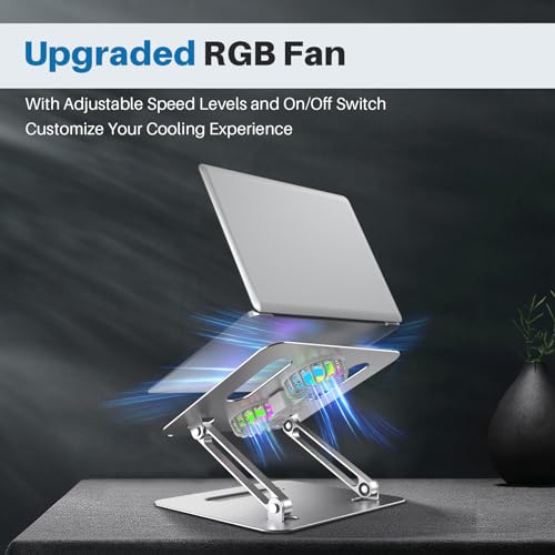 YICOSUN Adjustable Laptop Cooling Stand with 2 Quiet Fans & RGB Lighting, Aluminum Alloy & Foldable Ergonomic Design for MacBook, Lenovo, ASUS, Dell 10-16 Inch, Perfect for Gaming, DJ, Office - Silver - color: Silver