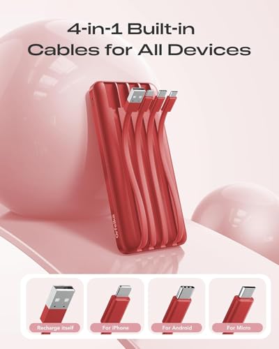 Orfeika 20000mAh Power Bank Fast Charging, Portable Charger with 4 Built-in Cables & 6 Outputs, 20W PD USB C Battery Pack Compatible with iPhone 16/15, Galaxy, Android, iPad & More (Travel Essential) - color: Red