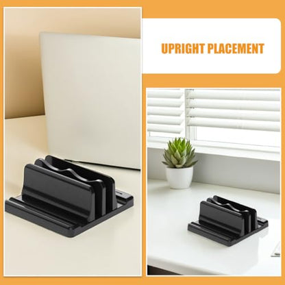 ABOOFAN Vertical Laptop Stand and Book Organizer for Desk, Dual Slot Black Desktop Holder, Space-Saving Document and Cookbook Rack for Office and Home Use