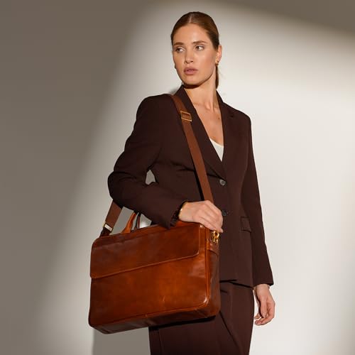 Time Resistance Leather Briefcase - Italian Handmade Leather Laptop Bag - Handbag for Men - Professional Computer Case - color: Cognac Brown