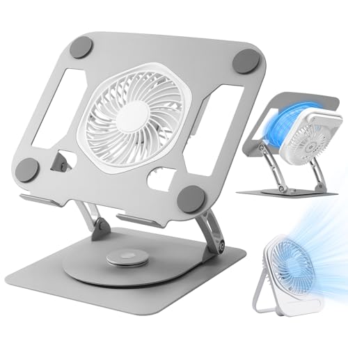 SHUWEI Laptop Cooling Stand with Detachable Desk Fan, Adjustable Height & Angle, 360 Rotating Base, Carbon Steel Framework, Ultra-Quiet & Super Sturdy for up to 16”Laptop-Sliver - color: Silver, size: For 15.6" Laptop & 360°Rotation