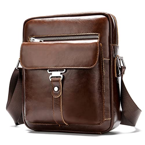 Hebetag Small Leather Sling Shoulder Bag Messenger Pack for Men Women Outdoor Travel Business - color: #07brown