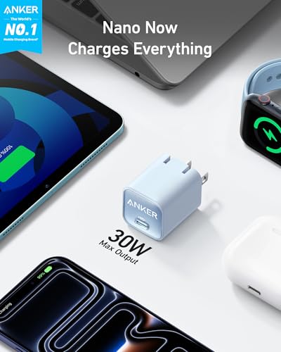 Anker Nano Phone Charger, USB C GaN Charger 30W, PIQ 3.0 Foldable PPS Fast Charger USB C for iPhone 17/16 and More Series, Galaxy, iPad, Compatible with MagSafe - color: blue