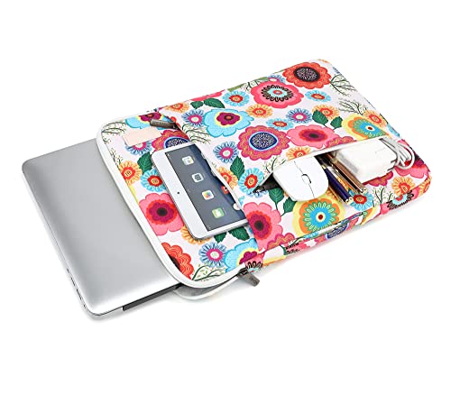 360° Protective Laptop Sleeve Case Bag with 3 Pockets,Handle,Luggage Strap for MacBook Pro 14 inch and 14 inch-14.4 inch Screen Laptop (Flowers) - color: Flowers(3 Pockets), size: 14 inch-14.4 inch
