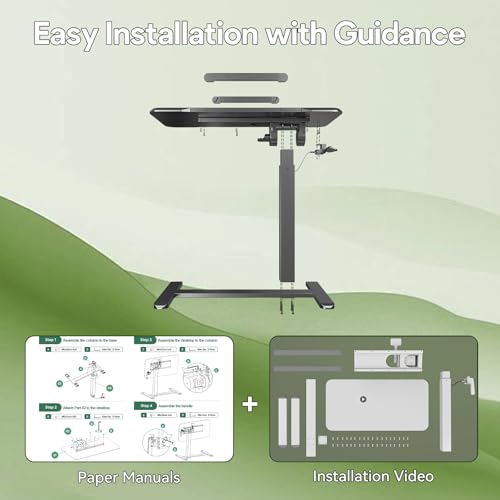 180° Tilt Foldable Standing Desk 32" Bedside Table on Wheels | Pneumatic Height Adjustable Rolling Laptop Desk with 4 Hidden or Lockable Casters, Portable Overbed Table for Sofa Bed, Black - color: Black