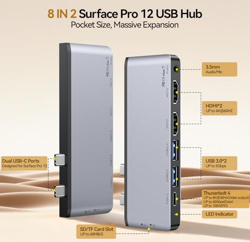 Surface Pro 12 Docking Station - 8-in-1 Triple Display USB Hub with Dual 4K HDMI, Thunderbolt 4 (4K@60Hz, 40Gbps, 100W PD), 2 USB 3.0, SD/TF, Audio for Surface Pro 12 Accessories - style: 8 in 1 Dock for Surface Pro 12