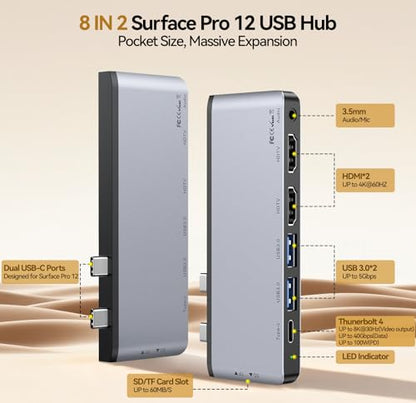 Surface Pro 12 Docking Station - 8-in-1 Triple Display USB Hub with Dual 4K HDMI, Thunderbolt 4 (4K@60Hz, 40Gbps, 100W PD), 2 USB 3.0, SD/TF, Audio for Surface Pro 12 Accessories - style: 8 in 1 Dock for Surface Pro 12
