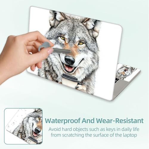 Universal Laptop Skin Decal, 3-Piece Vinyl Protector for 12 13 14 15.6" Notebook, Waterproof Anti-Scratch, Easy Trim & Bubble-Free Finish, Smiling Wolf Holding Coffee - color: Smiling Wolf Holding Coffee