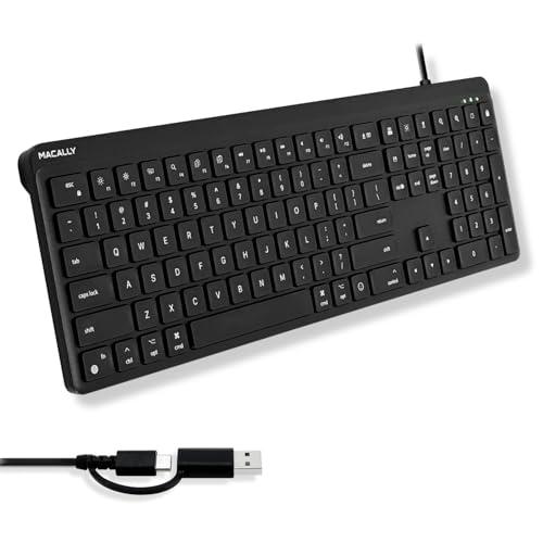 Macally USB C Wired Keyboard for Mac (USB C + USB A) – Full Size Keyboard with 22 Shortcuts, Quiet Typing, for MacBook, iMac, MacMini, iPad – Black - color: Black