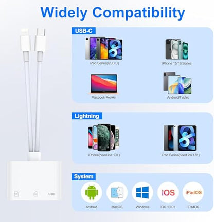 SD Card Reader for iPhone, iPad, USB C Lightning Dual Port SD Card Adapter, Memory Card Reader for Camera Adapter, Support SD, Micro SD, No App Required, Plug and Play
