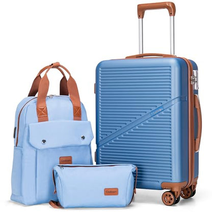 Cosbarn Carry On Luggage,3 Piece Suitcase Set,22x14x9 Airline Approved | Lightweight ABS Hardside Luggage, TSA-Approved Lock,Suitcases with 360° Spinner Wheels,20Inch,Matching Backpack,For Men&Women - color: HazeBlue, style: Carry on Luggage With Backpack